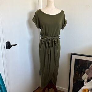 Scoop Neck Olive Midi Dress with Tie Waist